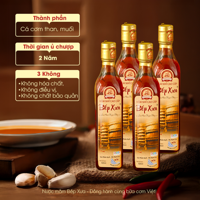 Combo 4 chai mắm cốt truyền thống Bếp Xưa - Chai 520ml