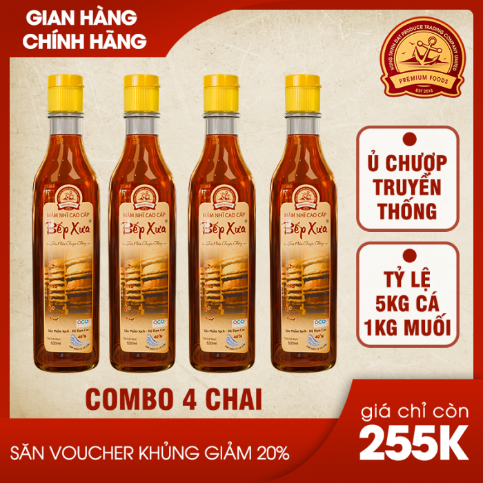 Combo 4 chai mắm cốt truyền thống Bếp Xưa - Chai 520ml